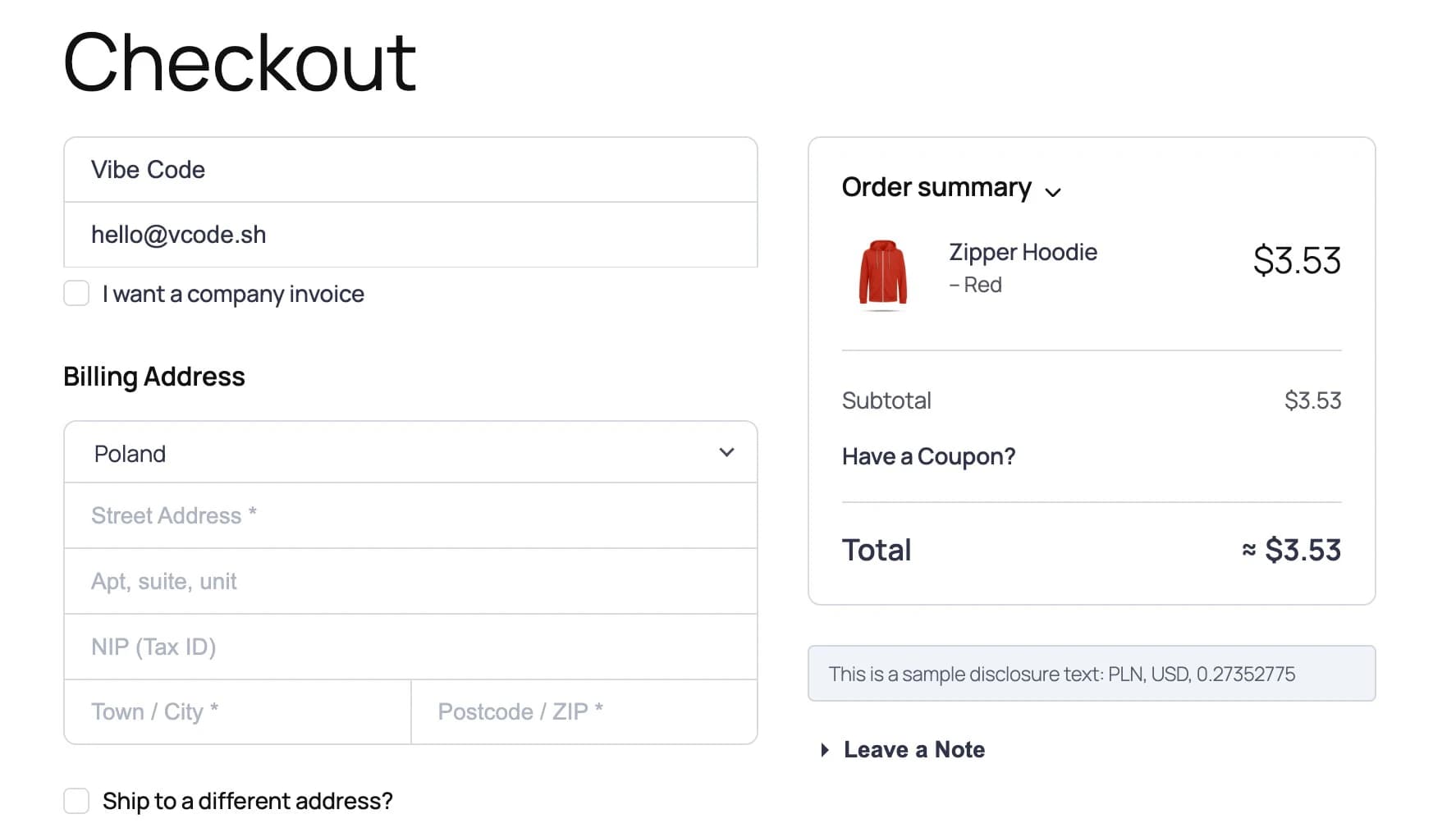 Checkout page showing the disclosure notice below the order summary with converted prices