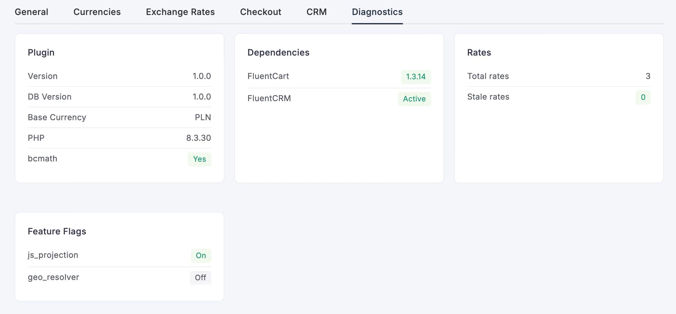 Diagnostics tab showing plugin health, dependencies, and rate status