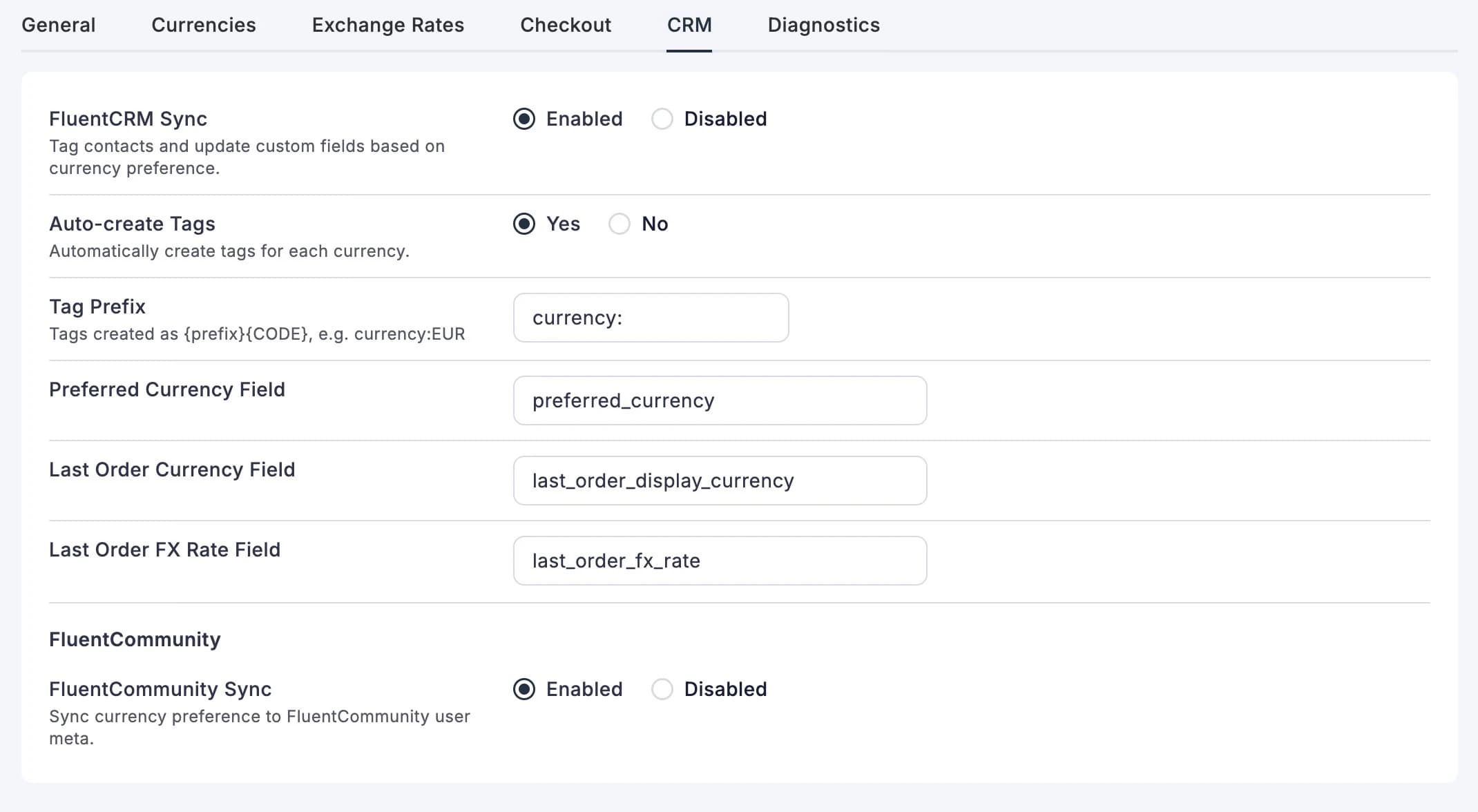 CRM tab with FluentCRM and FluentCommunity sync settings