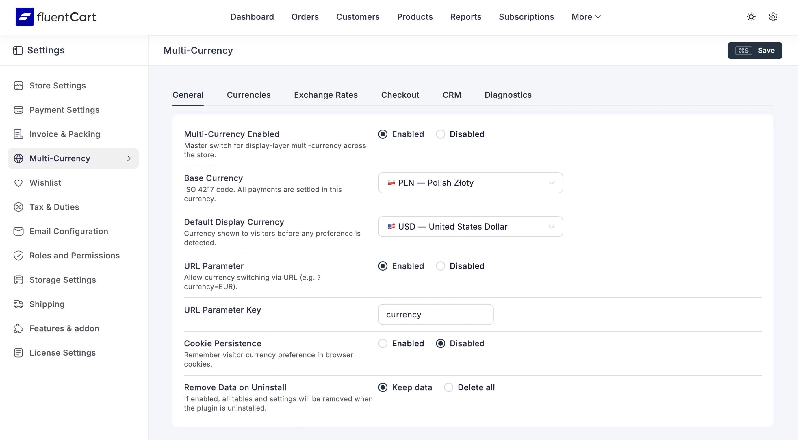 Multi-Currency settings panel inside FluentCart