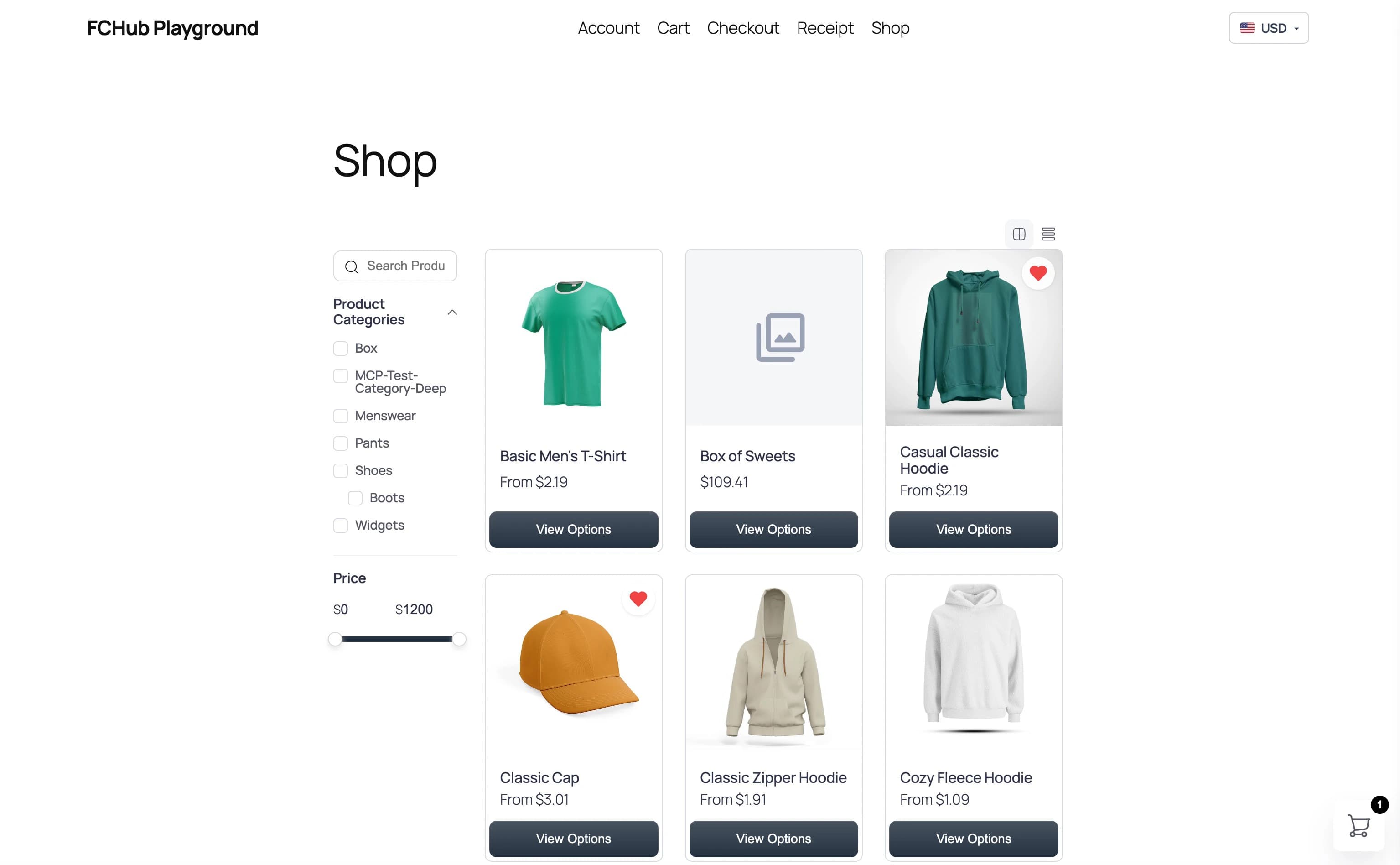 Shop page with the currency switcher button in the top right corner