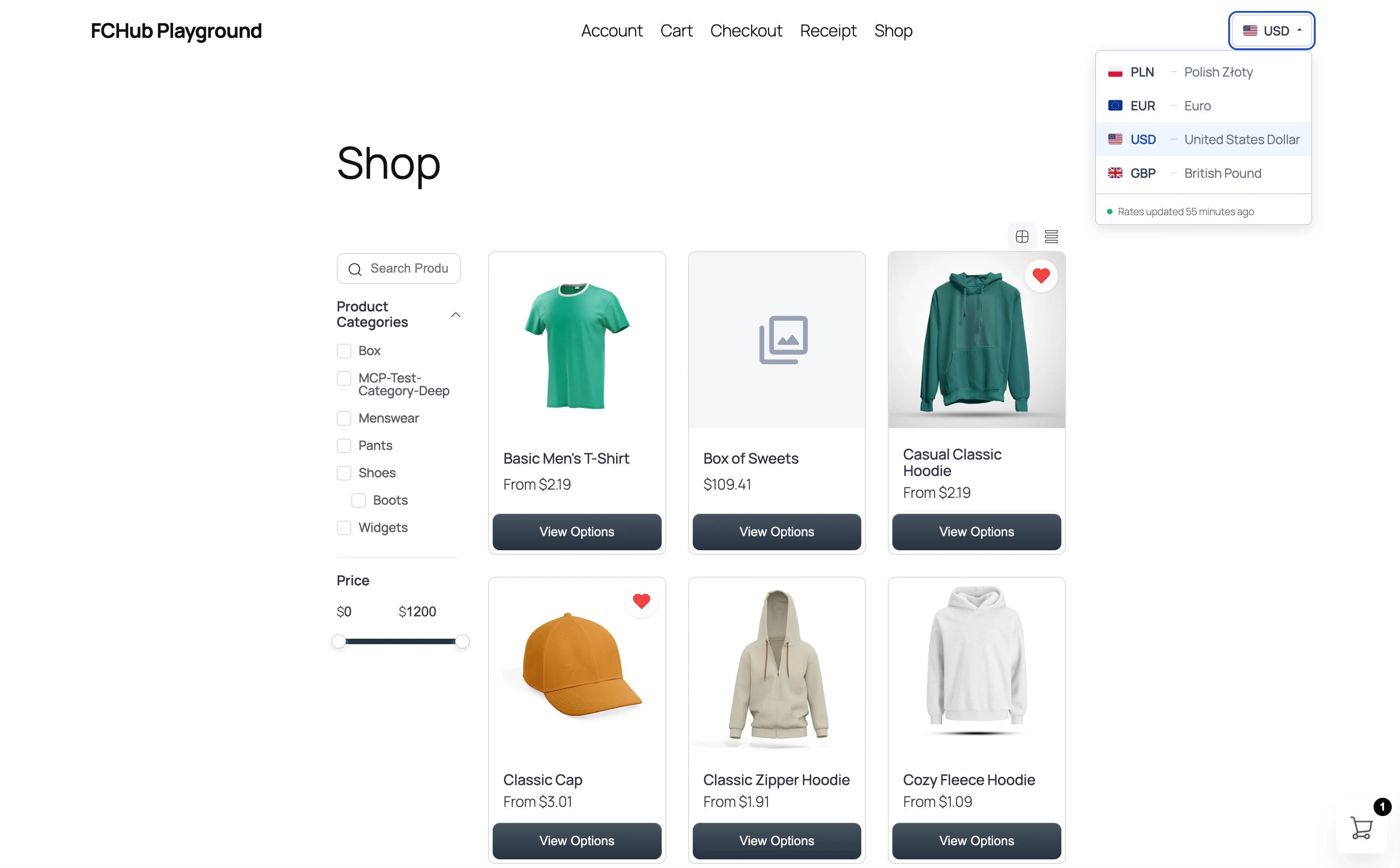 Shop page with the currency switcher dropdown open, showing PLN, EUR, USD, and GBP options