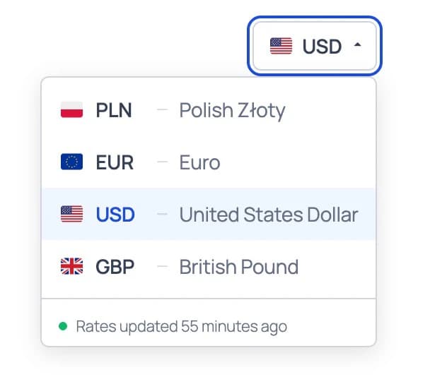 Currency switcher dropdown close-up with flag emojis, currency names, and rate freshness badge