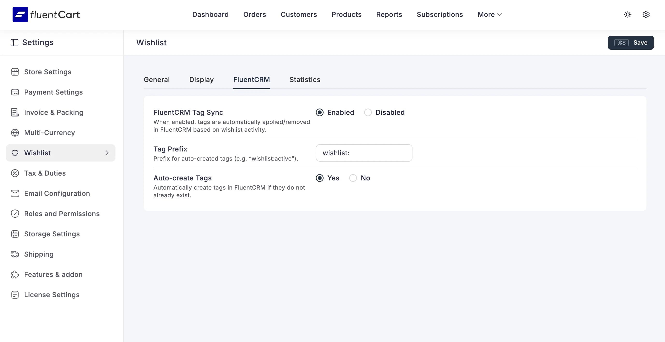 FluentCRM settings tab with tag sync, prefix, and auto-create options