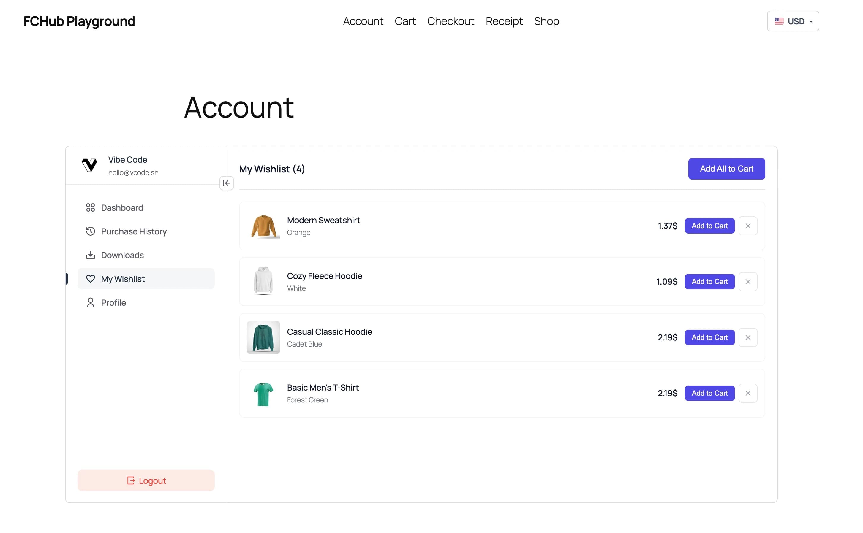 My Account wishlist page with saved items, prices, and Add to Cart buttons