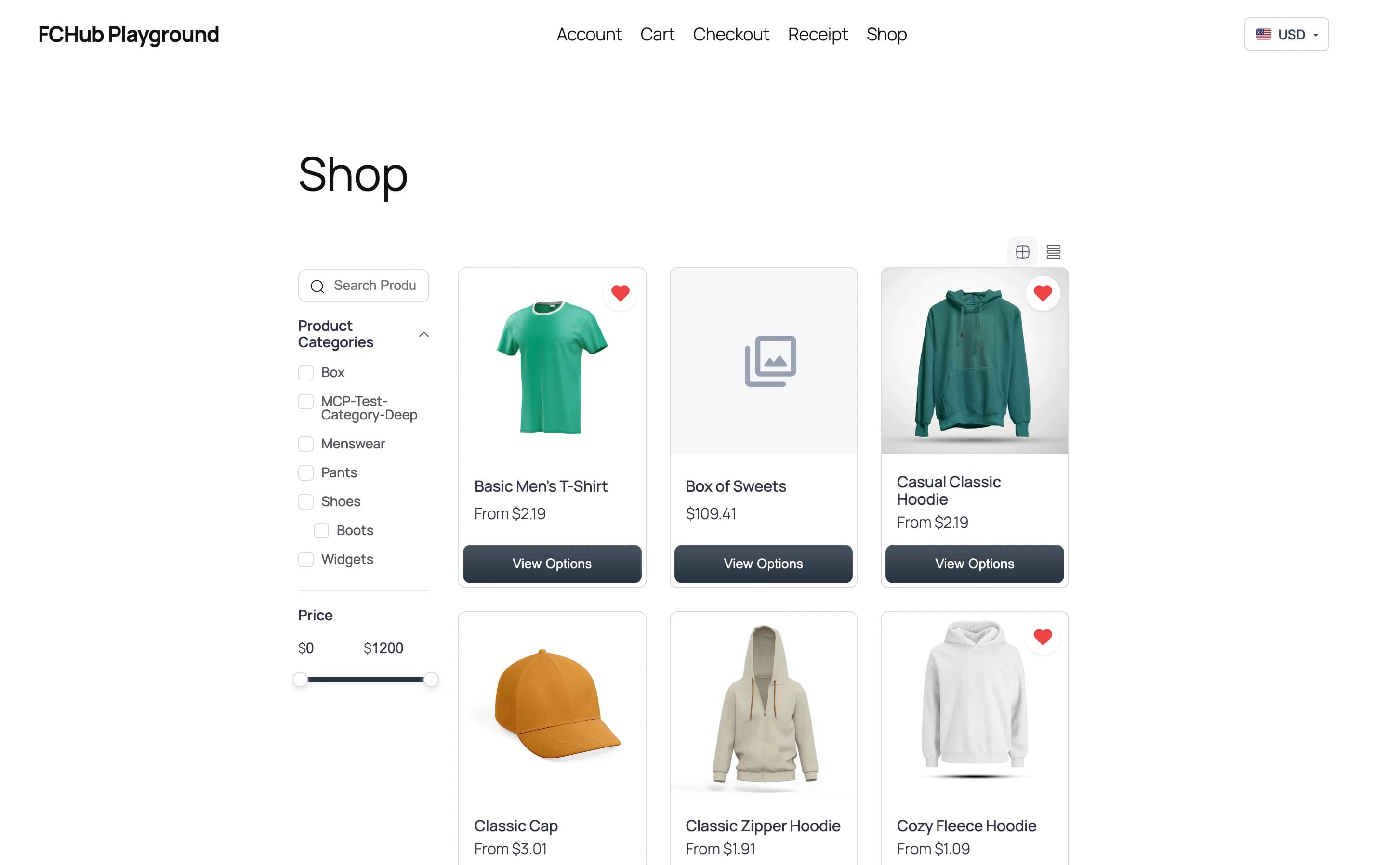 Shop page with heart icons on product cards in grid view
