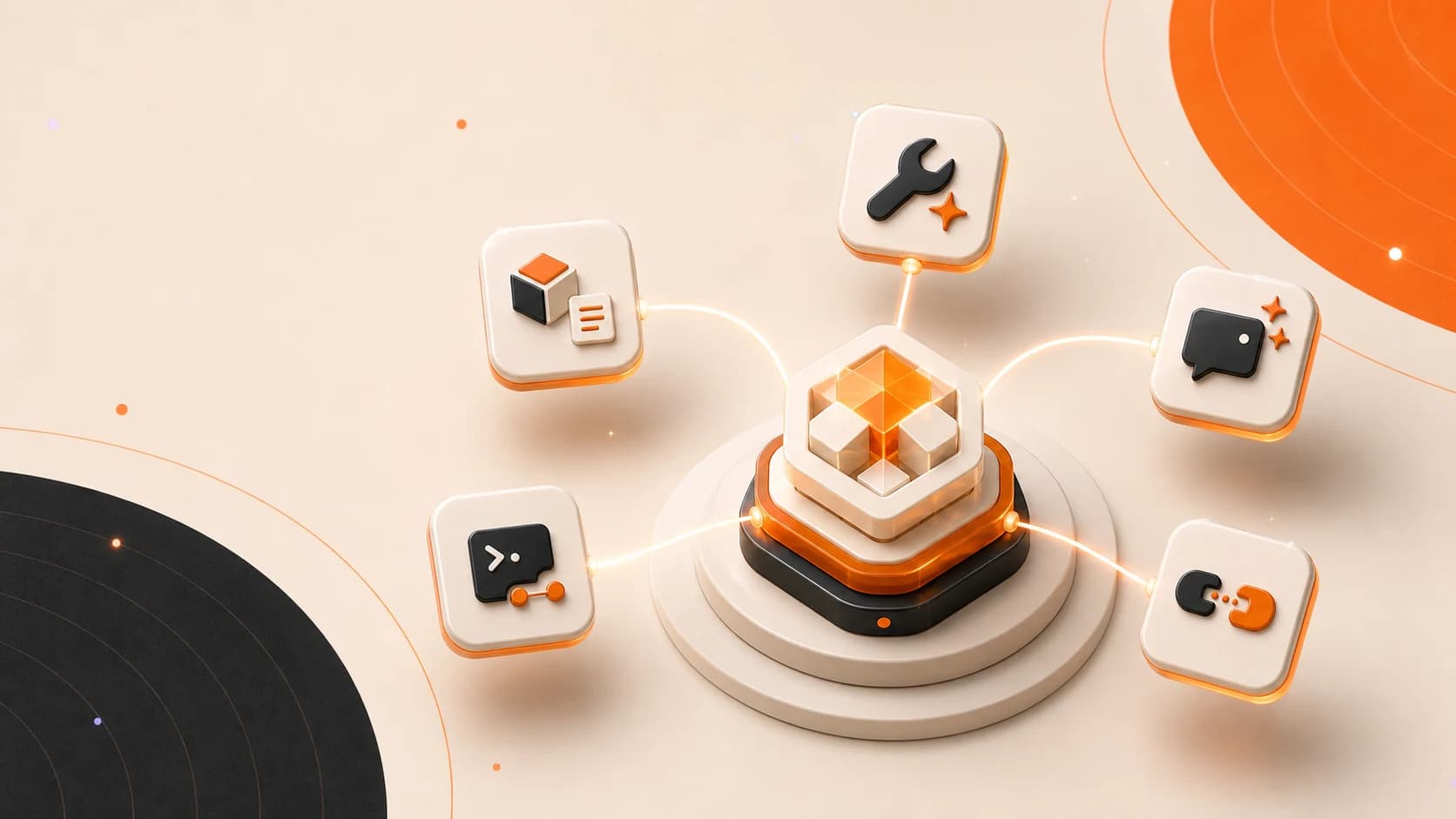 Connected MCP tools, resources, prompts, clients, and transports orbiting one protocol artefact