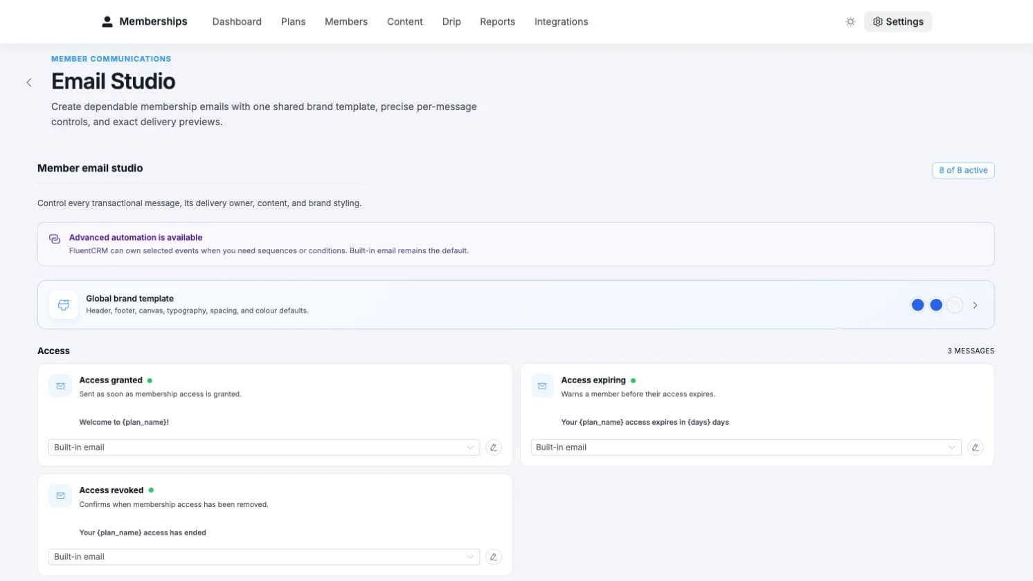 Email Studio showing the shared brand template and membership messages grouped by lifecycle moment