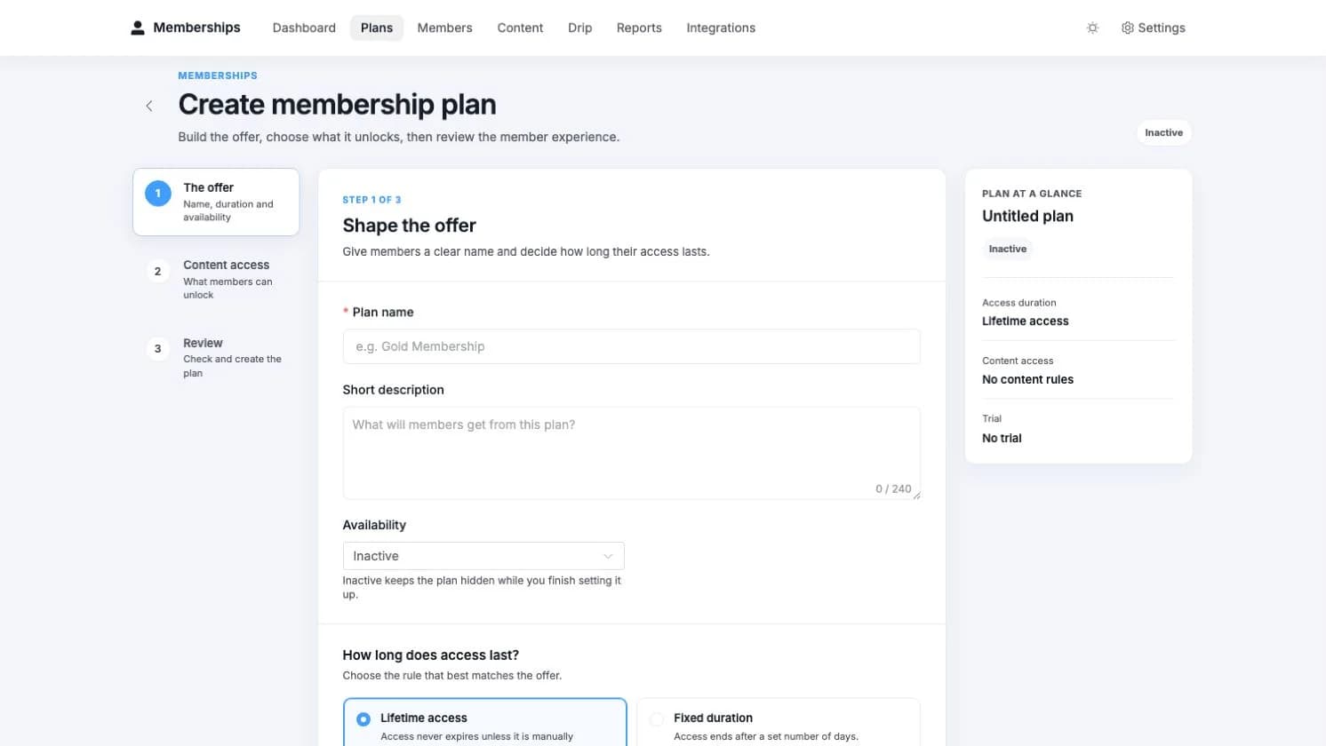 Guided membership plan builder showing the offer step, progress navigation, and plan summary