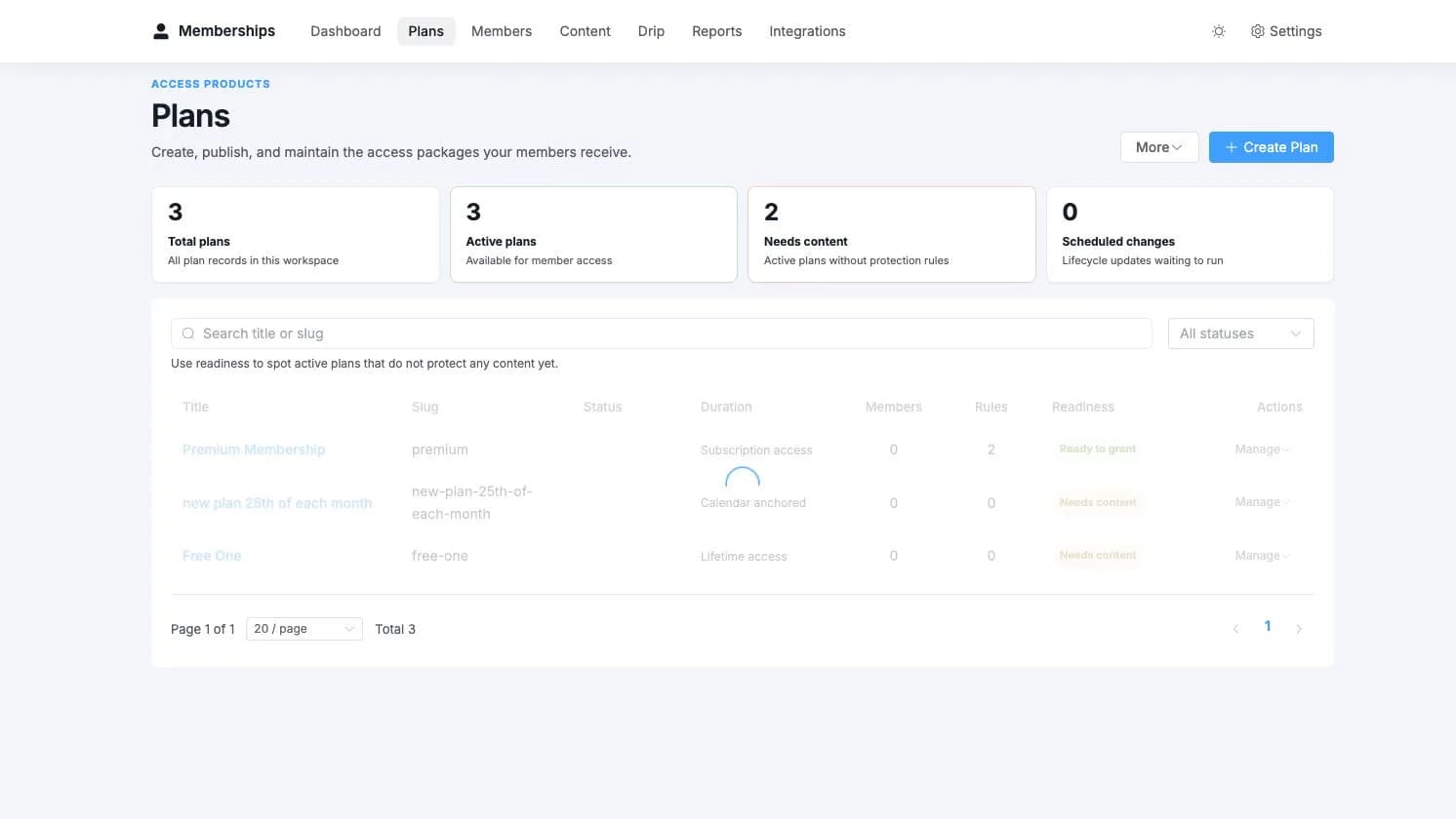 Plans workspace showing plan health, readiness, search, and existing membership offers