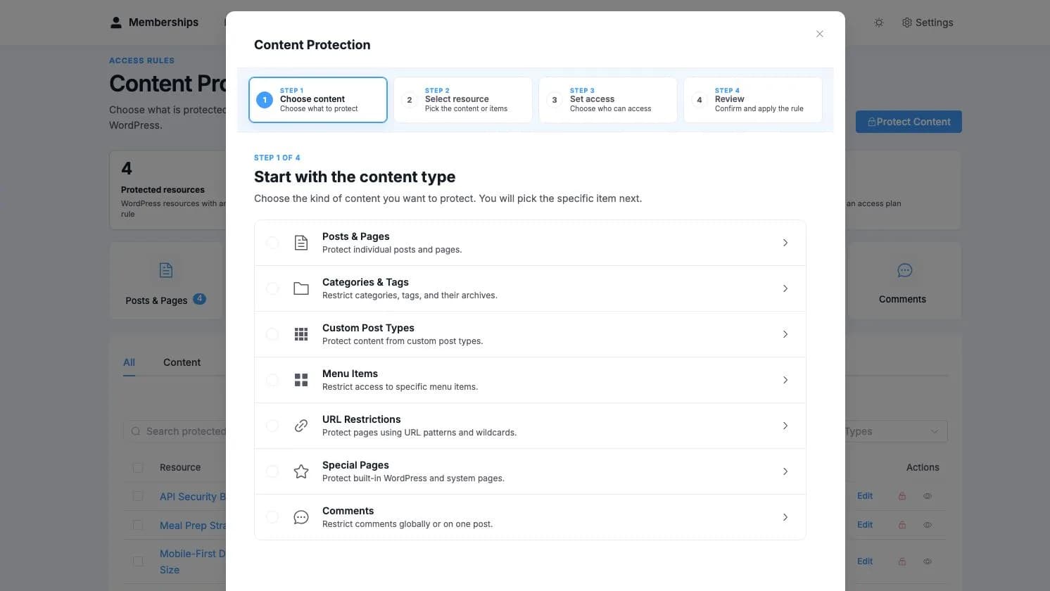 Content Protection wizard showing four setup steps and the available WordPress content types
