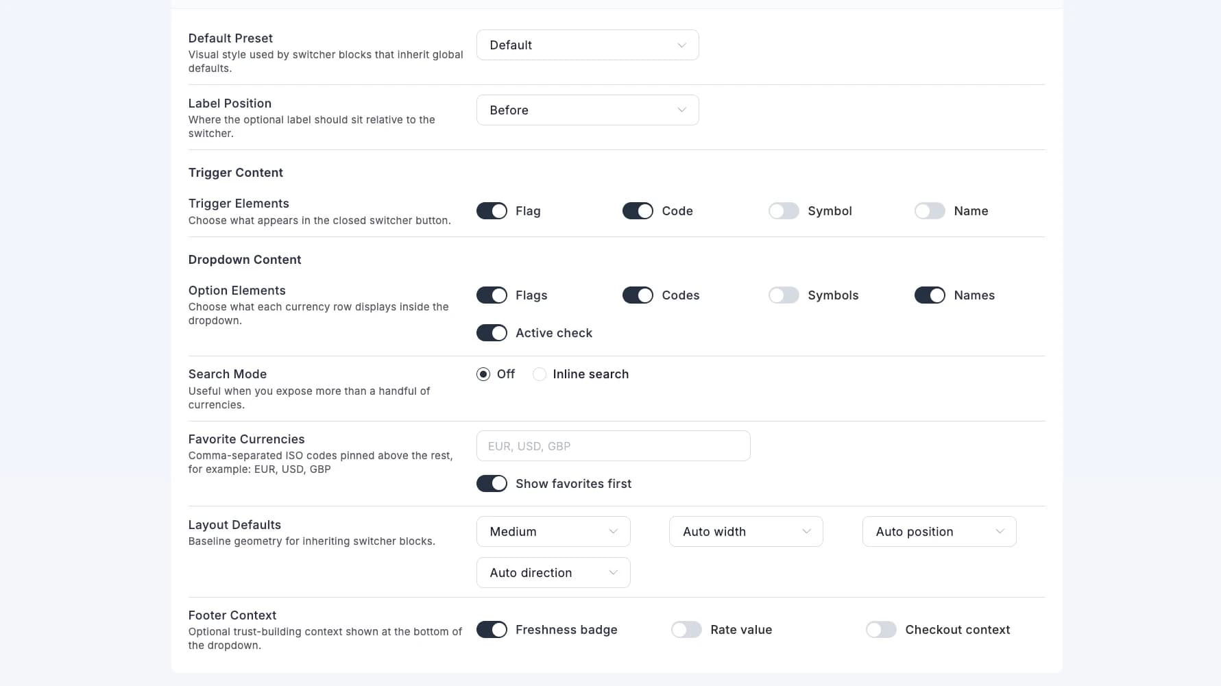 All six currency switcher style presets