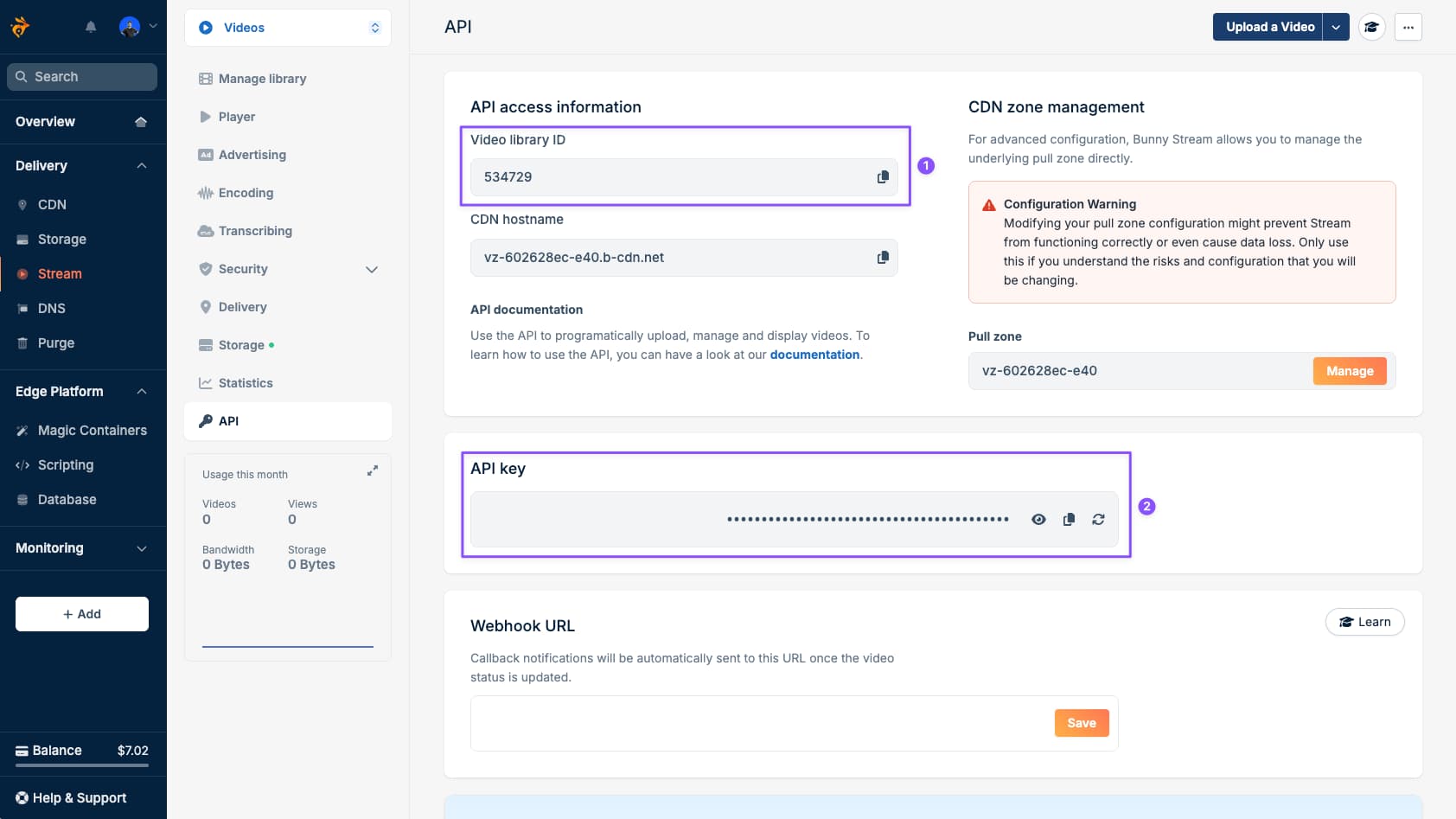 Bunny.net Stream library page showing Library ID and API Key