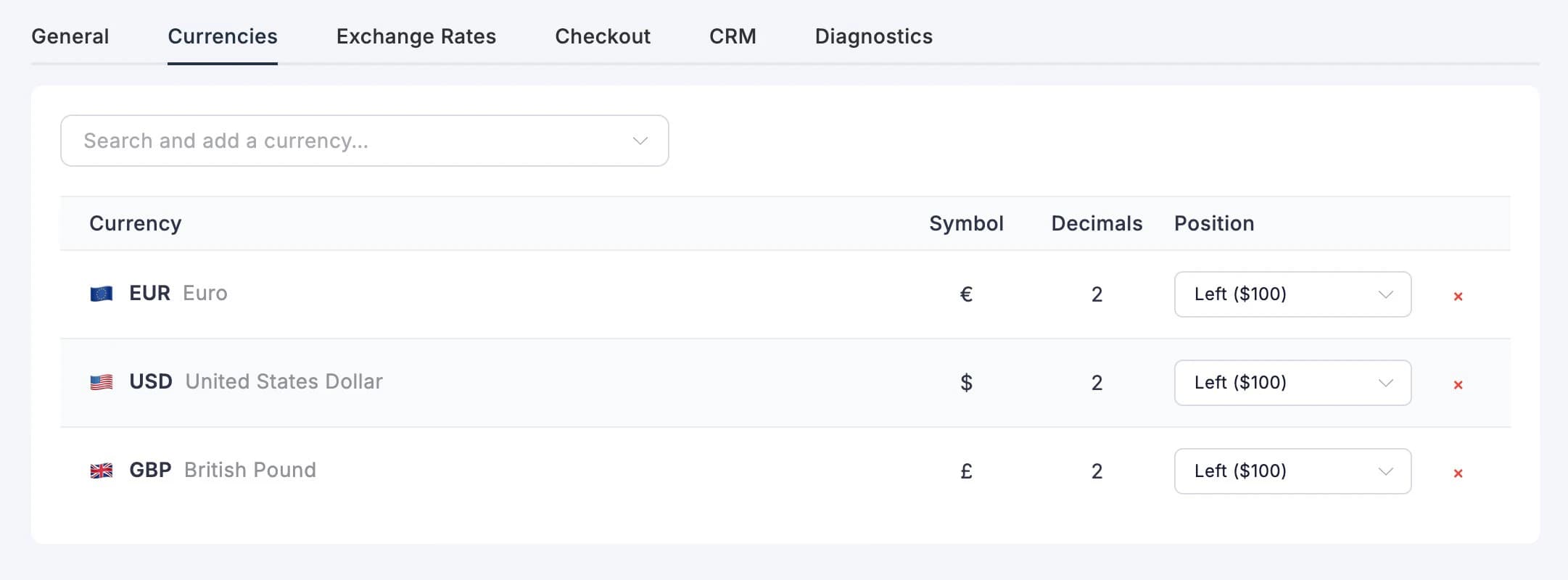 Currencies tab with EUR, USD, and GBP configured