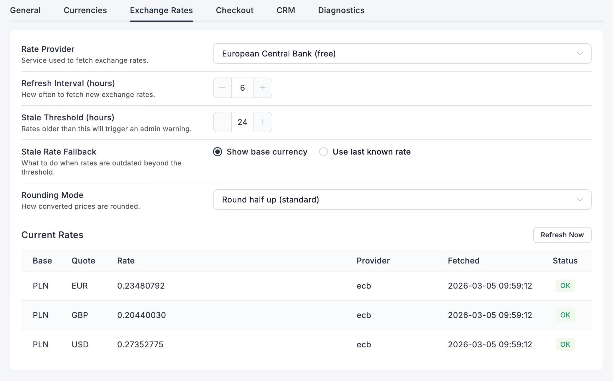 Exchange Rates tab with provider, refresh interval, and current rates