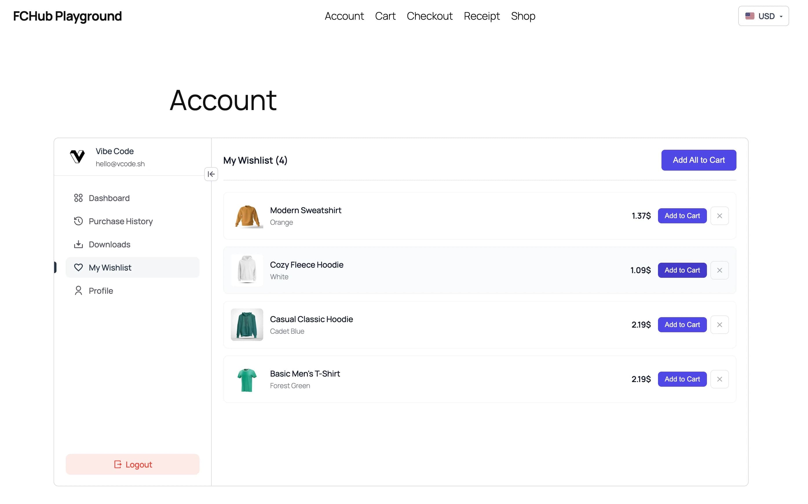Wishlist page with prices converted to USD and the currency switcher in the header