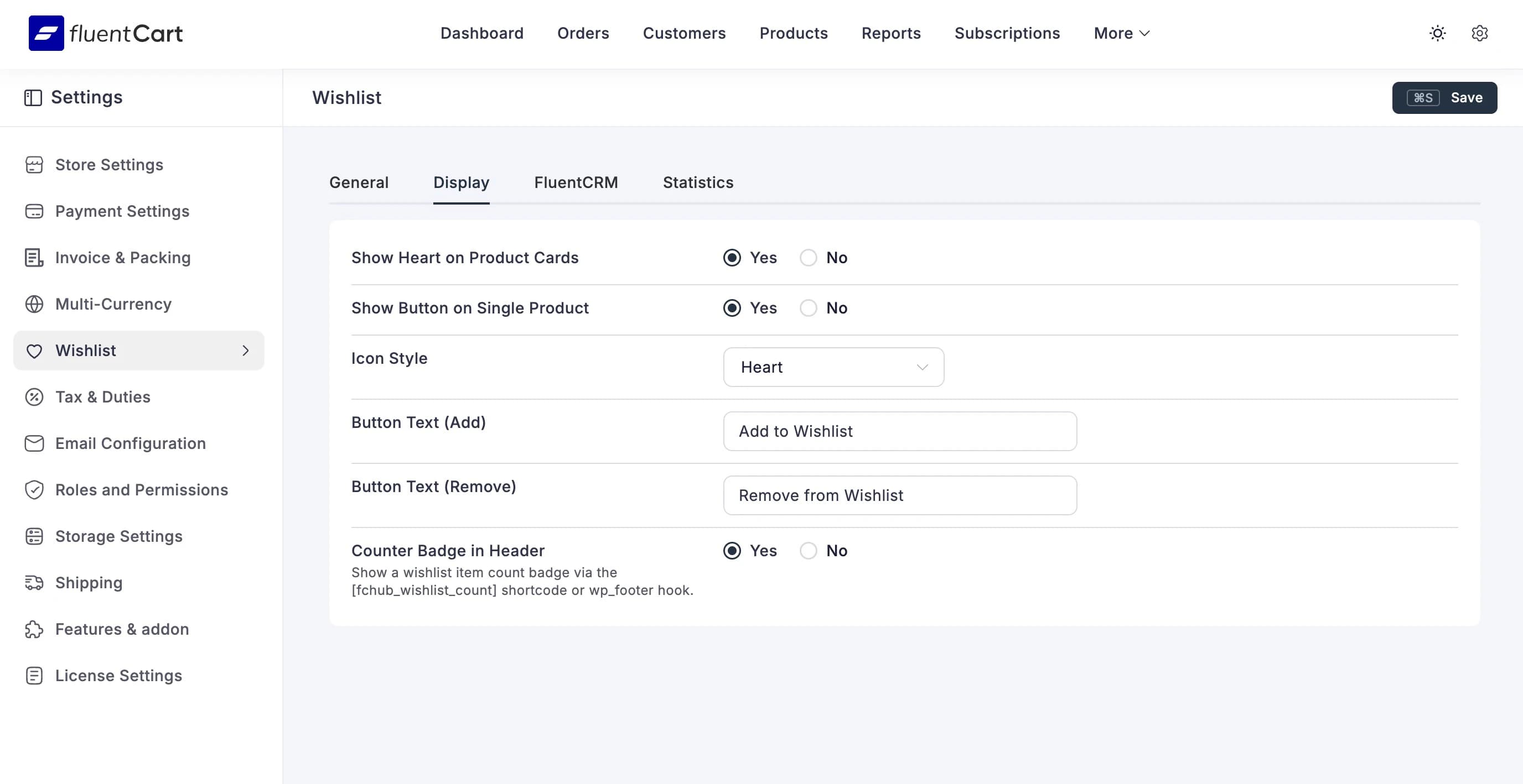 Display tab with icon style, button text, and counter badge settings