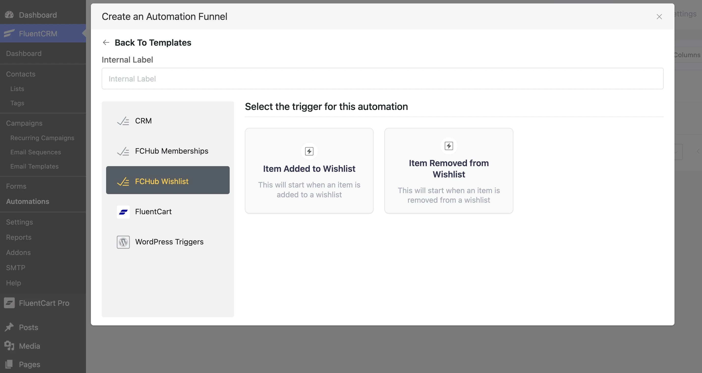 FluentCRM automation funnel builder showing FCHub Wishlist triggers — Item Added to Wishlist and Item Removed from Wishlist