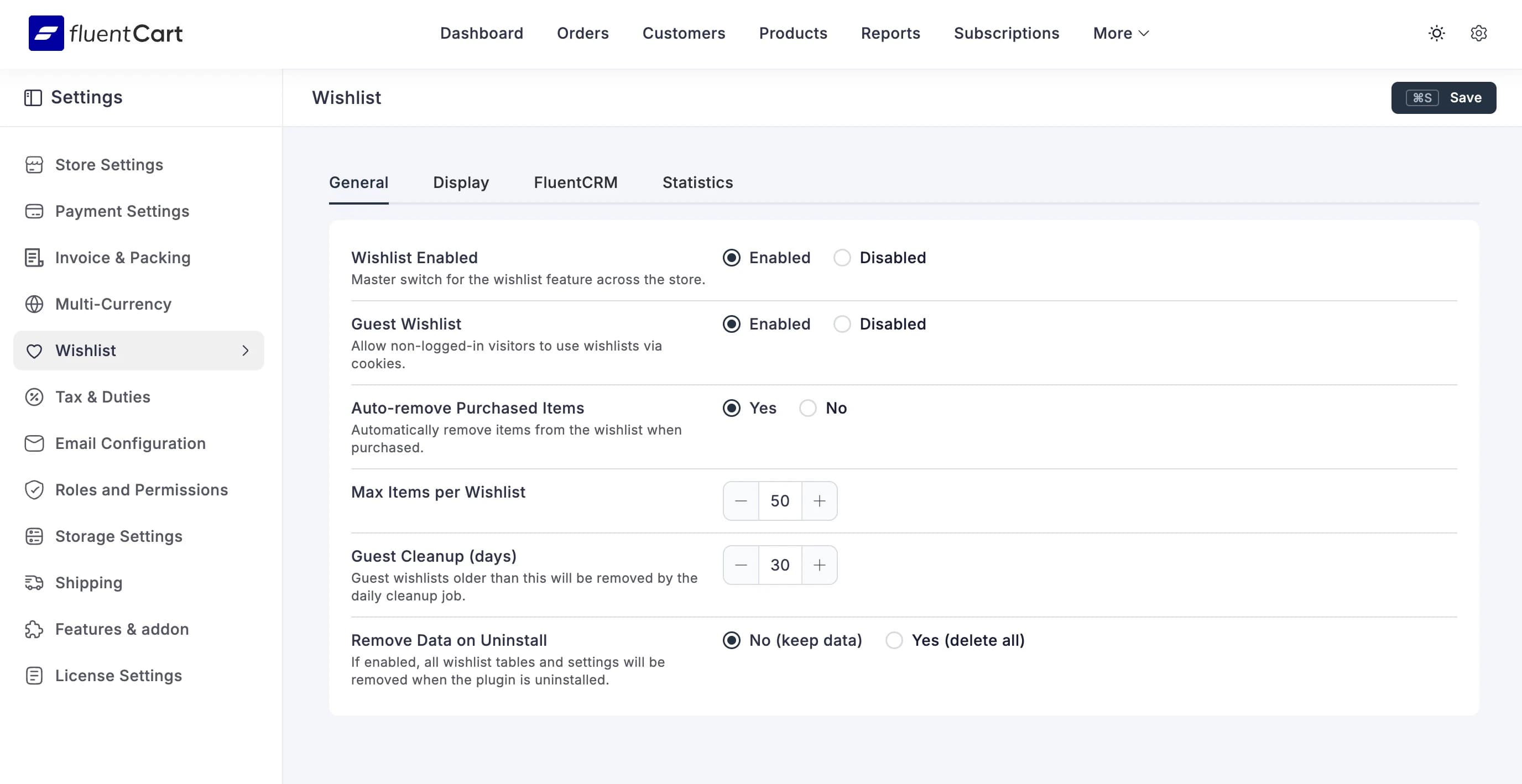 General tab with wishlist master switch, guest support, auto-remove, and cleanup settings