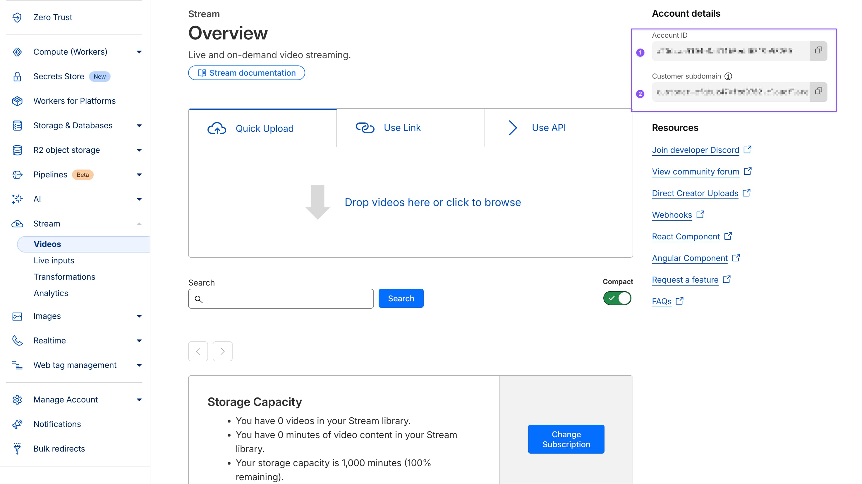 Cloudflare Stream dashboard showing Account ID and Customer subdomain in top-right corner