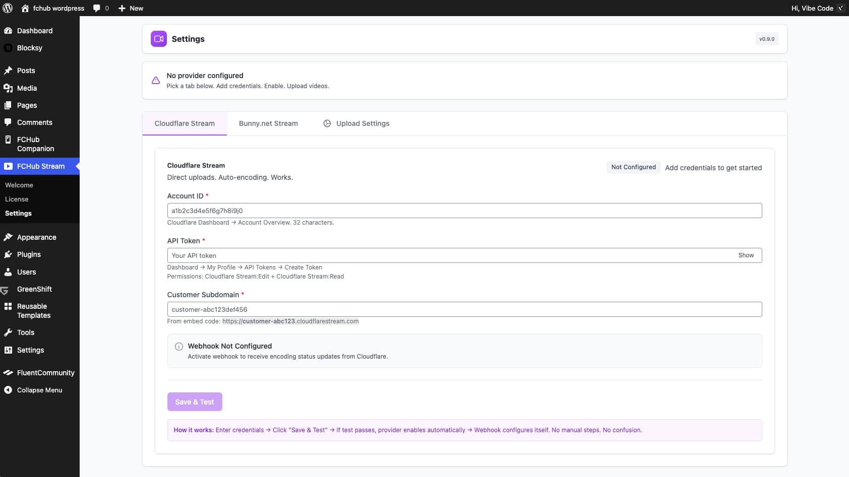 FCHub Stream settings showing Cloudflare Stream configuration form with Account ID and API Token fields