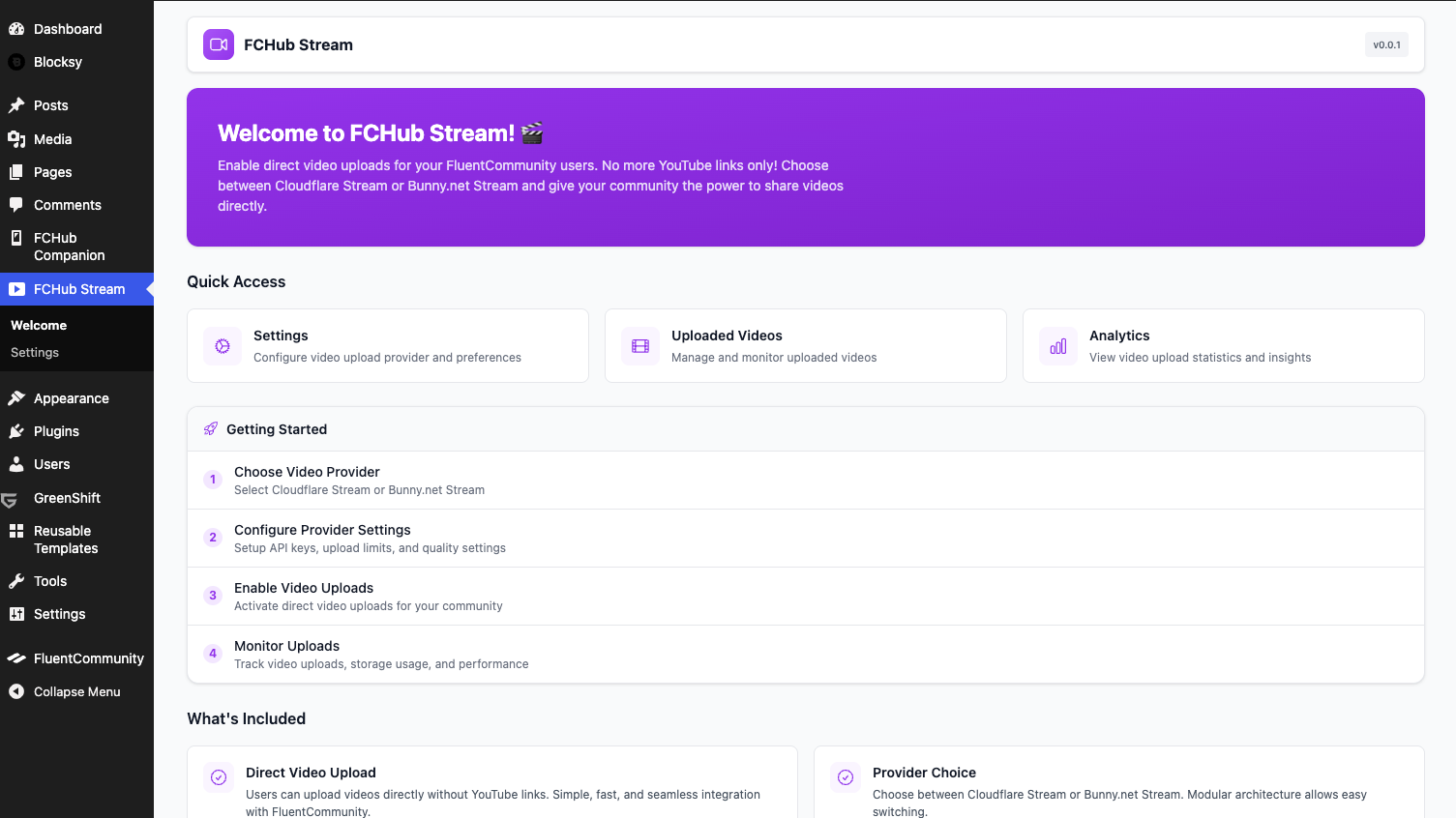 WordPress plugin installation screen showing FCHub Stream upload